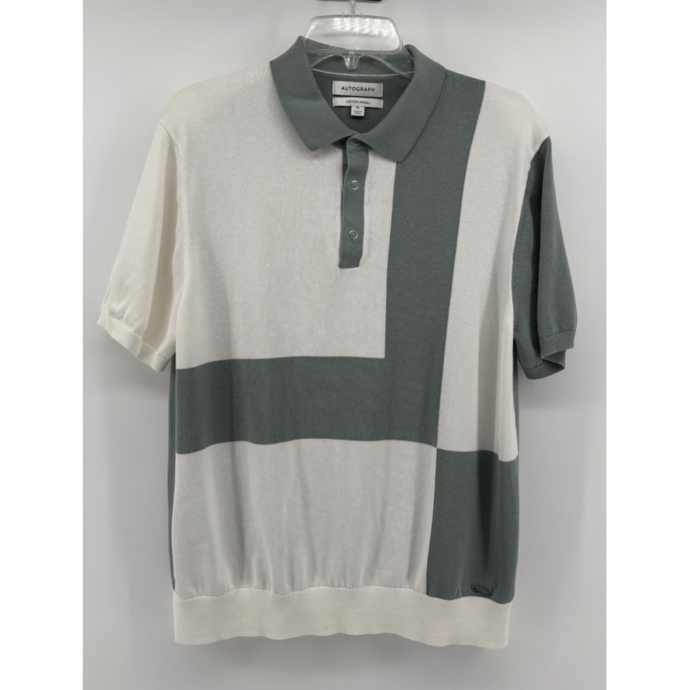 M&S Autograph Knit Polo Mens XL, White w/Sage Green Colorblock Refined Style